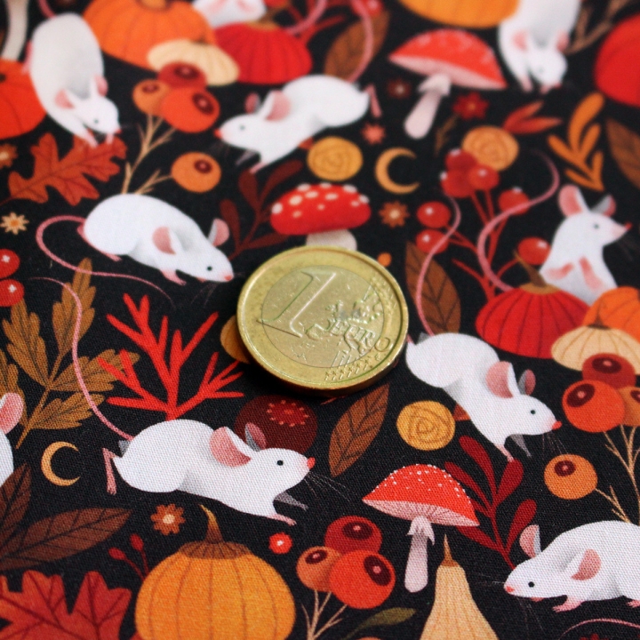 Coupon de tissu illustré "Souris & citrouilles" 48x48 cm – Popeline & French Terry – motif automnale