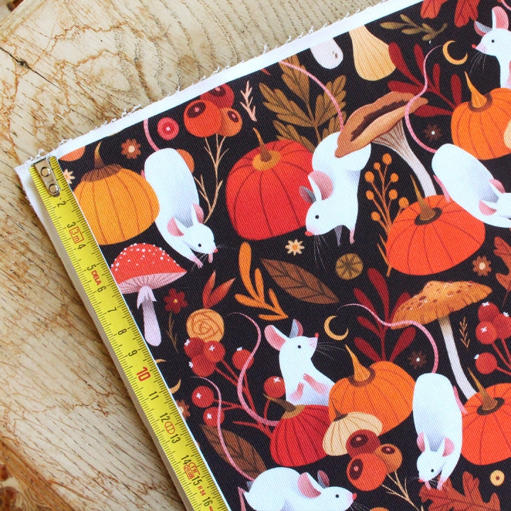 Coupon de tissu illustré "Souris & citrouilles" 48x48 cm – Popeline & French Terry – motif automnale