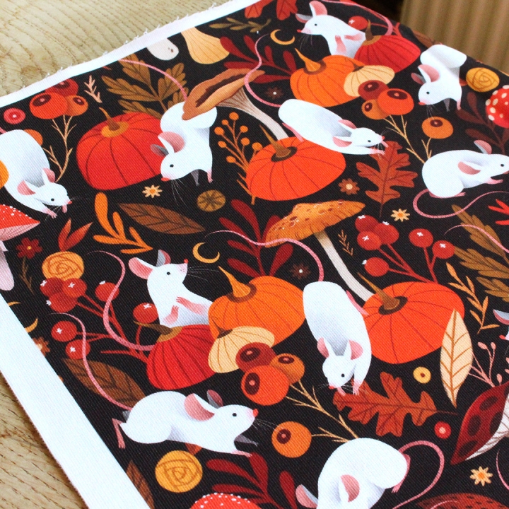 Coupon de tissu illustré "Souris & citrouilles" 48x48 cm – Popeline & French Terry – motif automnale