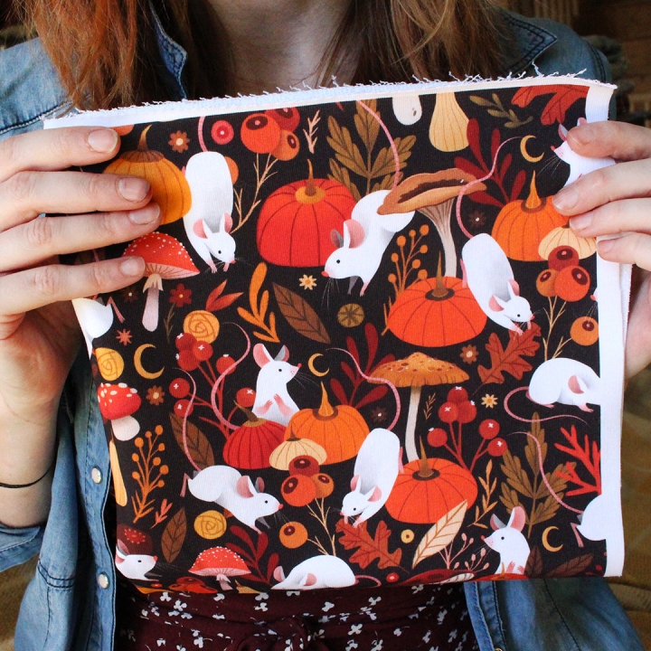 Coupon de tissu illustré "Souris & citrouilles" 48x48 cm – Popeline & French Terry – motif automnale