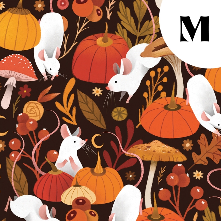 Coupon de tissu illustré "Souris & citrouilles" 48x48 cm – Popeline & French Terry – motif automnale