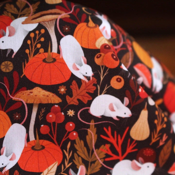 Tissu illustré "Souris & citrouilles" – popeline, velours & French terry – motif automnal