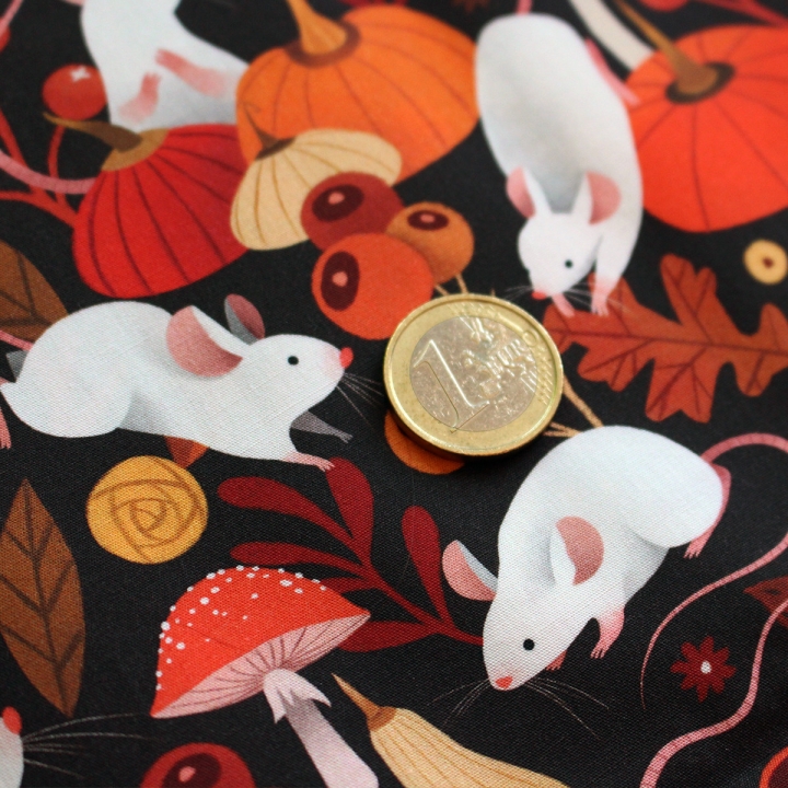 Tissu illustré "Souris & citrouilles" – popeline, velours & French terry – motif automnal