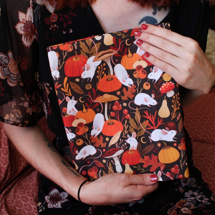 Tissu illustré "Souris & citrouilles" – popeline, velours & French terry – motif automnal