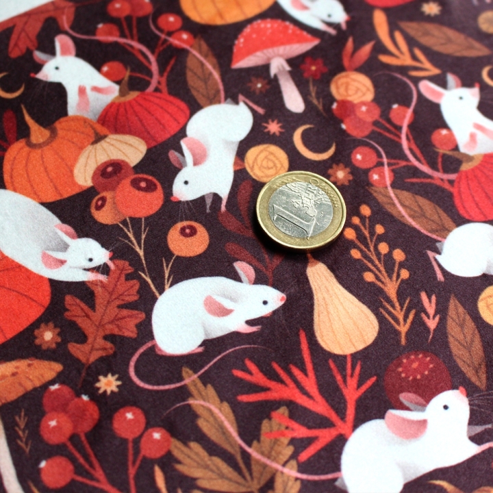 Tissu illustré "Souris & citrouilles" – popeline, velours & French terry – motif automnal