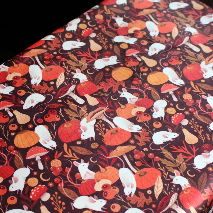 Tissu illustré "Souris & citrouilles" – popeline, velours & French terry – motif automnal