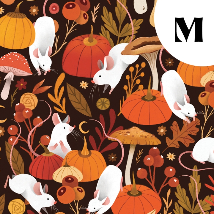 Tissu illustré "Souris & citrouilles" – popeline, velours & French terry – motif automnal