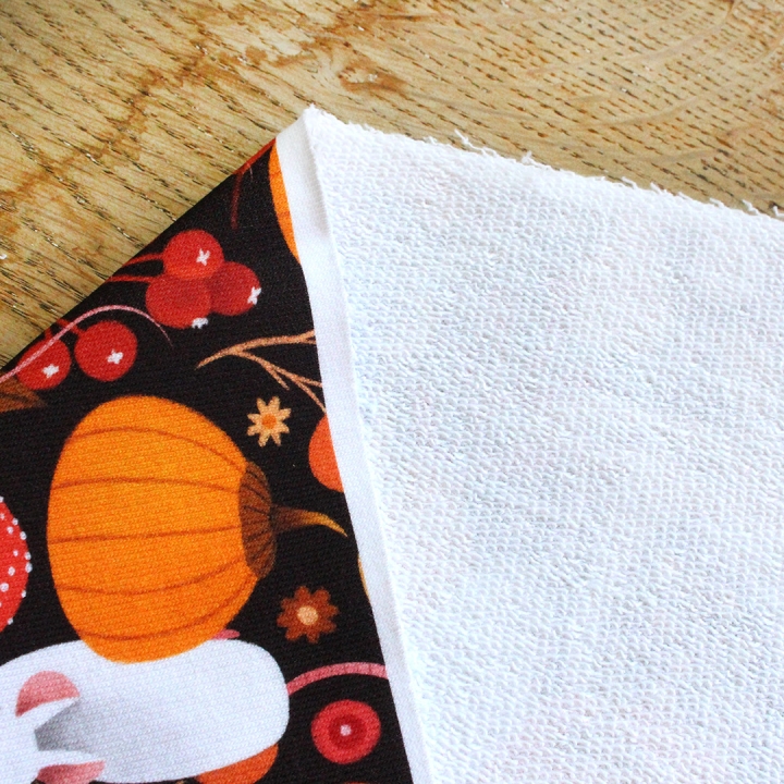 Tissu illustré "Souris & citrouilles" – popeline, velours & French terry – motif automnal