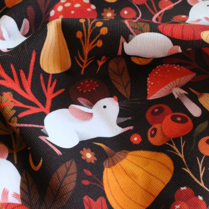 Tissu illustré "Souris & citrouilles" – popeline, velours & French terry – motif automnal
