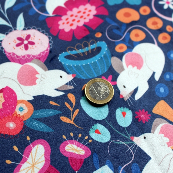 Tissu illustré "Souris fleurs" – popeline, velours & French terry – motif printanier