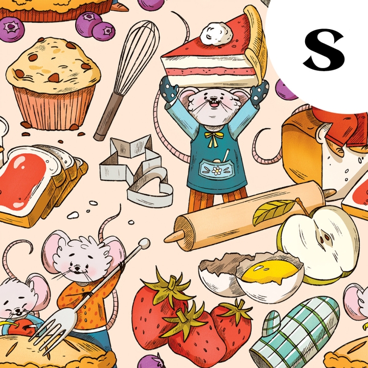 Coupon de tissu illustré "Souris pâtisserie" 48x48 cm – Popeline & French Terry – motif enfantin