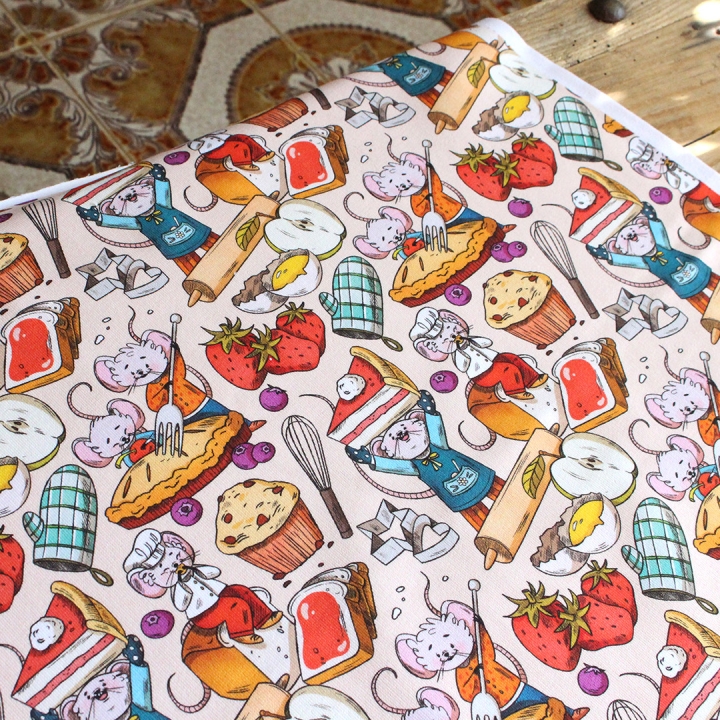 Coupon de tissu illustré "Souris pâtisserie" 48x48 cm – Popeline & French Terry – motif enfantin