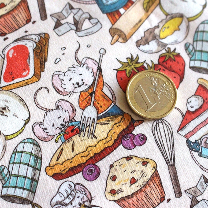 Tissu illustré "Souris pâtisserie" – popeline, velours & French terry – motif enfantin