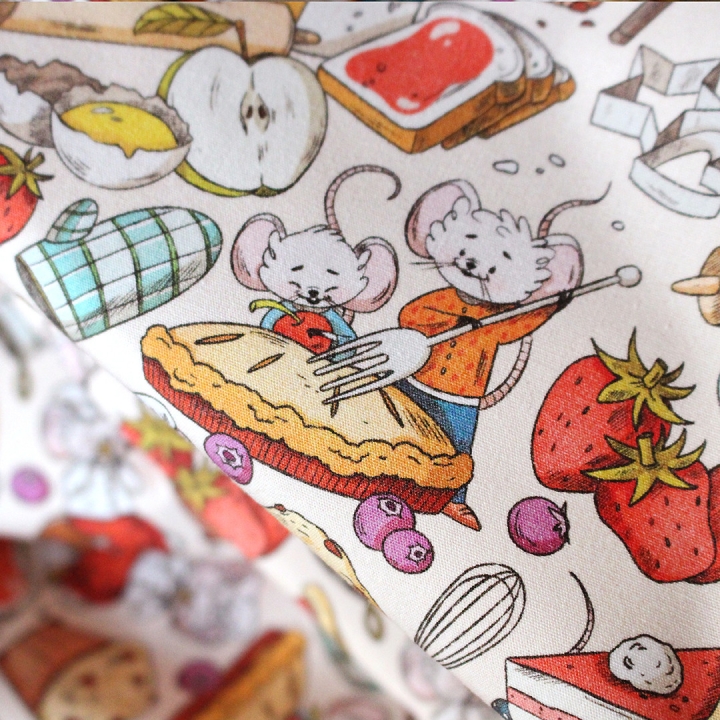 Tissu illustré "Souris pâtisserie" – popeline, velours & French terry – motif enfantin