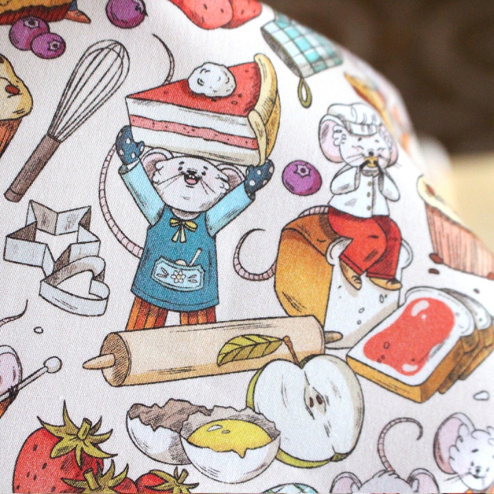 Tissu illustré "Souris pâtisserie" – popeline, velours & French terry – motif enfantin