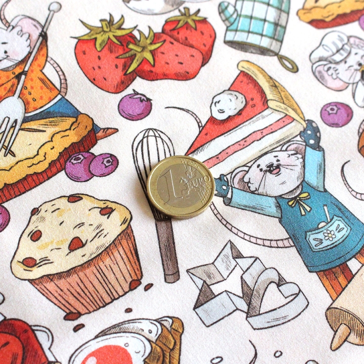 Tissu illustré "Souris pâtisserie" – popeline, velours & French terry – motif enfantin