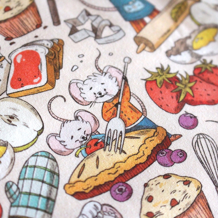 Tissu illustré "Souris pâtisserie" – popeline, velours & French terry – motif enfantin