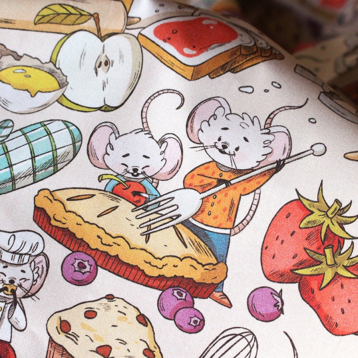 Tissu illustré "Souris pâtisserie" – popeline, velours & French terry – motif enfantin