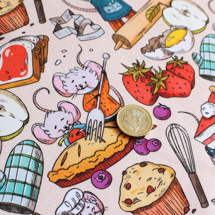 Tissu illustré "Souris pâtisserie" – popeline, velours & French terry – motif enfantin