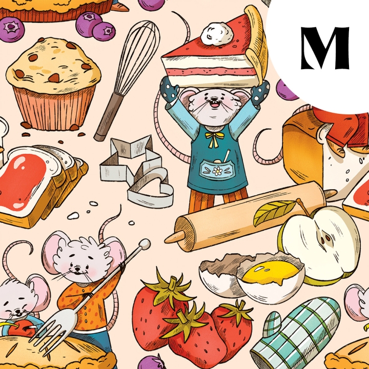 Tissu illustré "Souris pâtisserie" – popeline, velours & French terry – motif enfantin