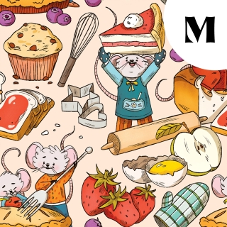 Tissu illustré "Souris pâtisserie" – popeline, velours & French terry – motif enfantin