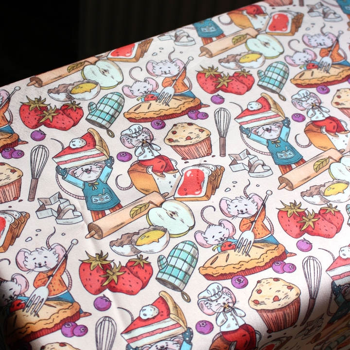Tissu illustré "Souris pâtisserie" – popeline, velours & French terry – motif enfantin