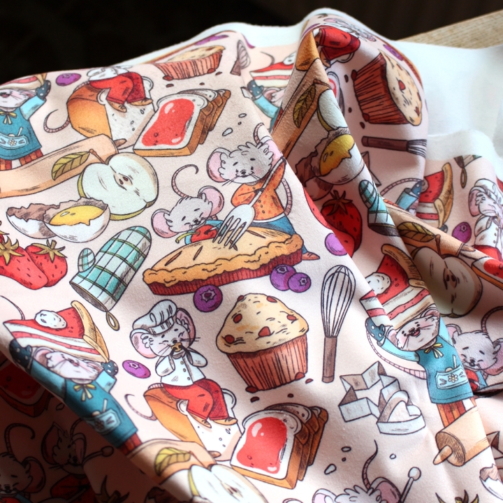 Tissu illustré "Souris pâtisserie" – popeline, velours & French terry – motif enfantin