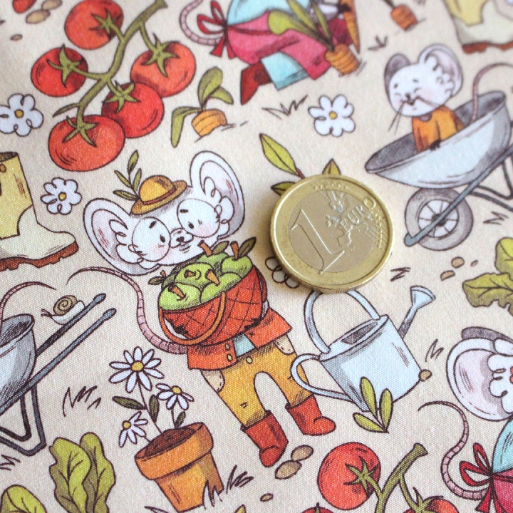 Coupon de tissu illustré "Souris potager" 48x48 cm – Popeline & French Terry – motif enfantin