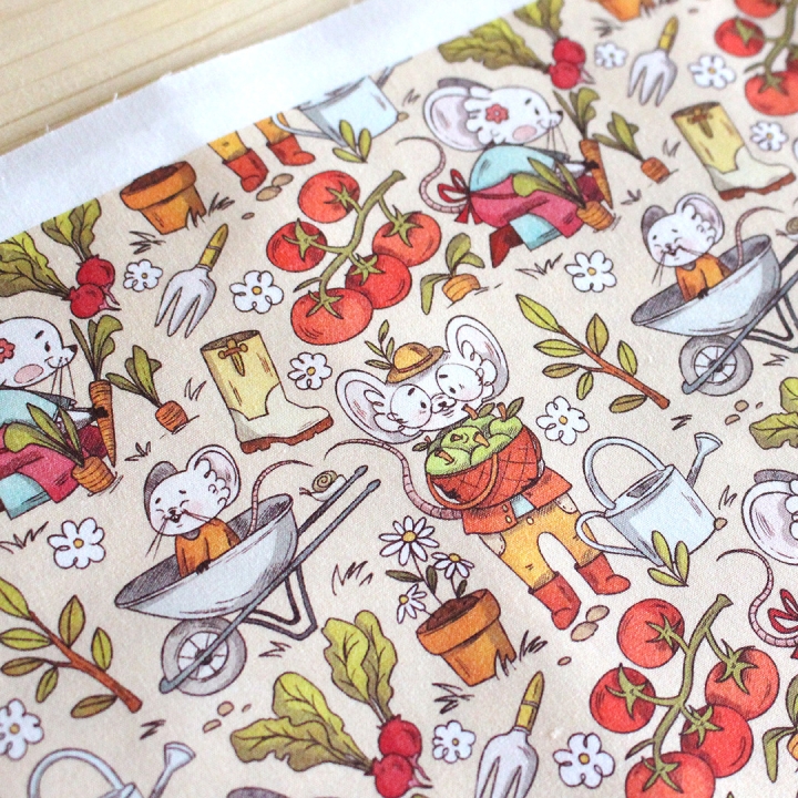 Coupon de tissu illustré "Souris potager" 48x48 cm – Popeline & French Terry – motif enfantin
