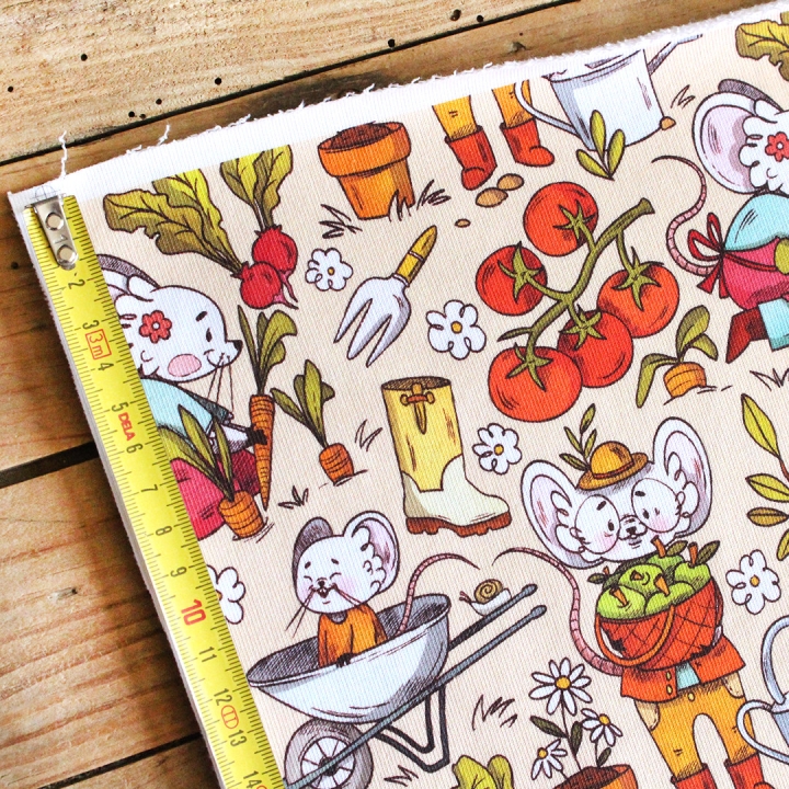 Coupon de tissu illustré "Souris potager" 48x48 cm – Popeline & French Terry – motif enfantin