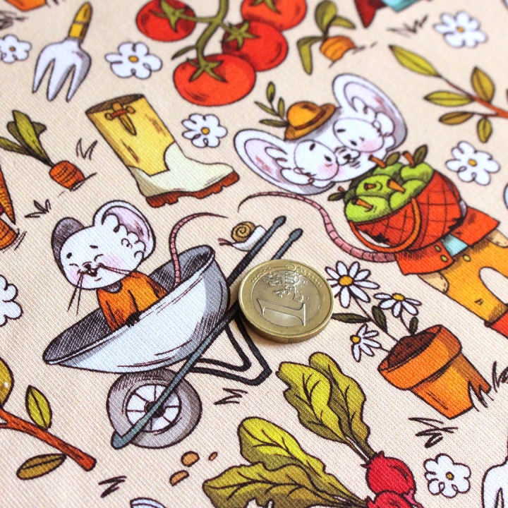 Coupon de tissu illustré "Souris potager" 48x48 cm – Popeline & French Terry – motif enfantin