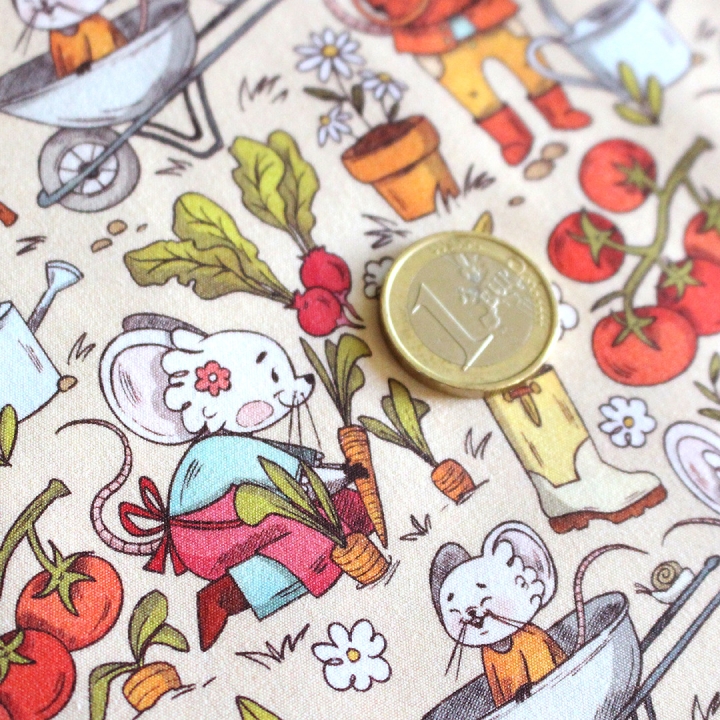 Tissu illustré "Souris potager" – popeline, velours & French terry – motif enfantin