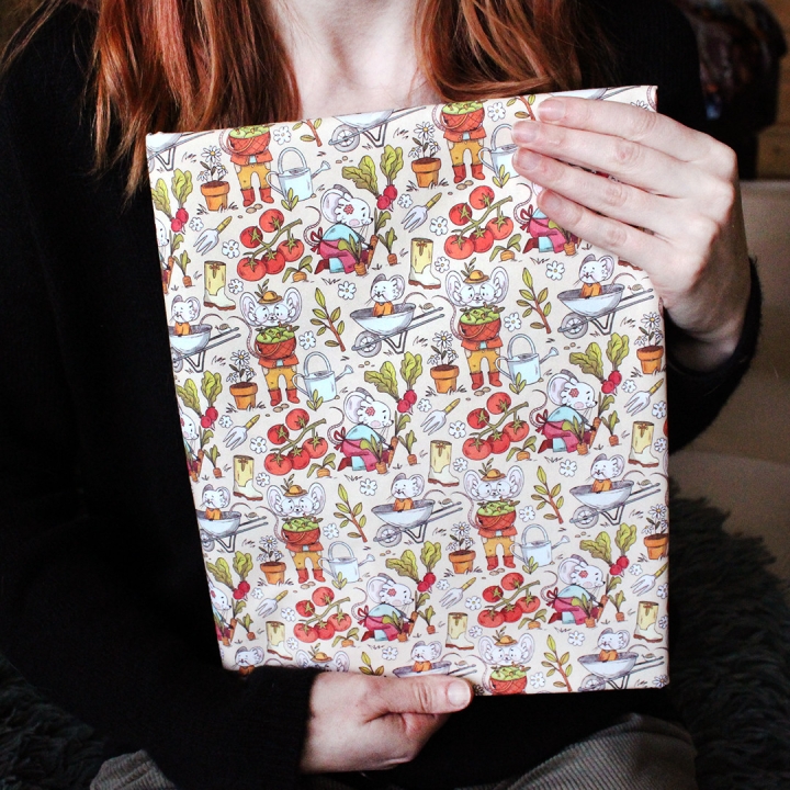 Tissu illustré "Souris potager" – popeline, velours & French terry – motif enfantin