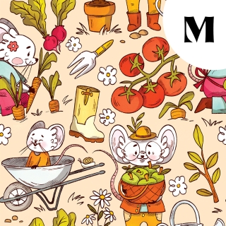 Tissu illustré "Souris potager" – popeline, velours & French terry – motif enfantin