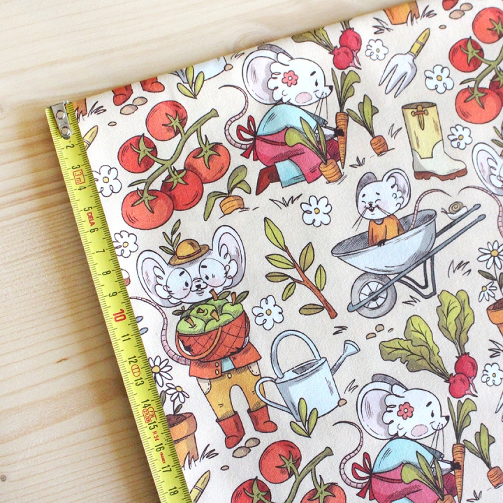 Tissu illustré "Souris potager" – popeline, velours & French terry – motif enfantin
