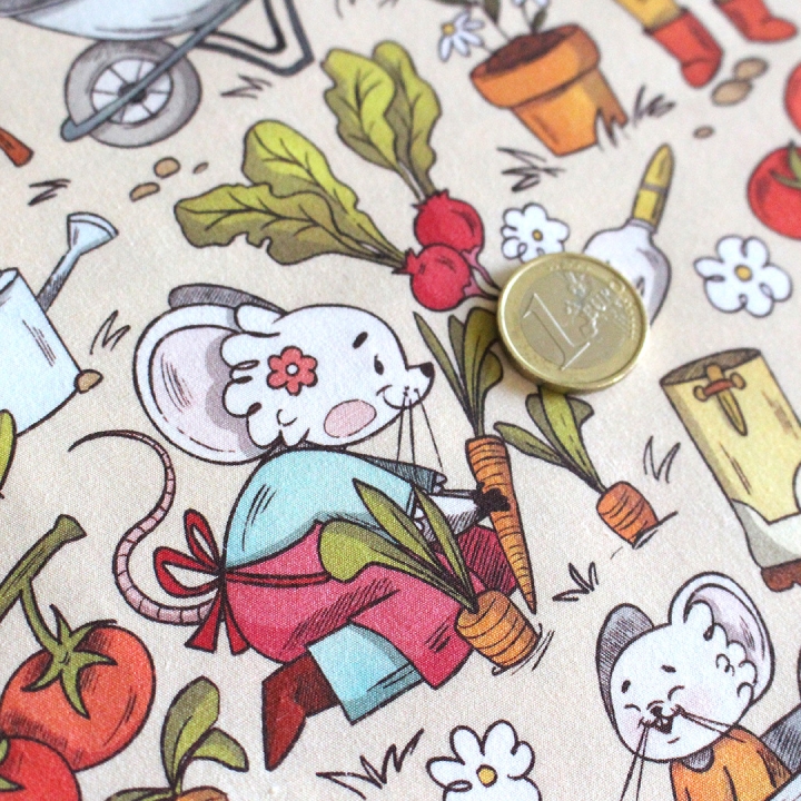 Tissu illustré "Souris potager" – popeline, velours & French terry – motif enfantin