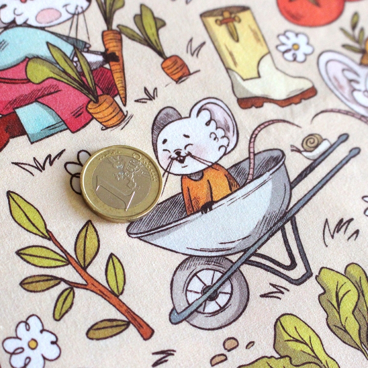 Tissu illustré "Souris potager" – popeline, velours & French terry – motif enfantin