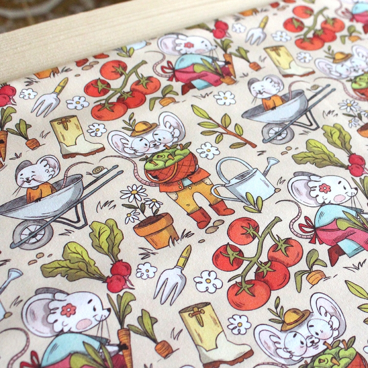Tissu illustré "Souris potager" – popeline, velours & French terry – motif enfantin