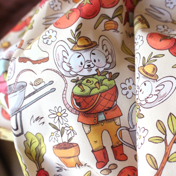Tissu illustré "Souris potager" – popeline, velours & French terry – motif enfantin
