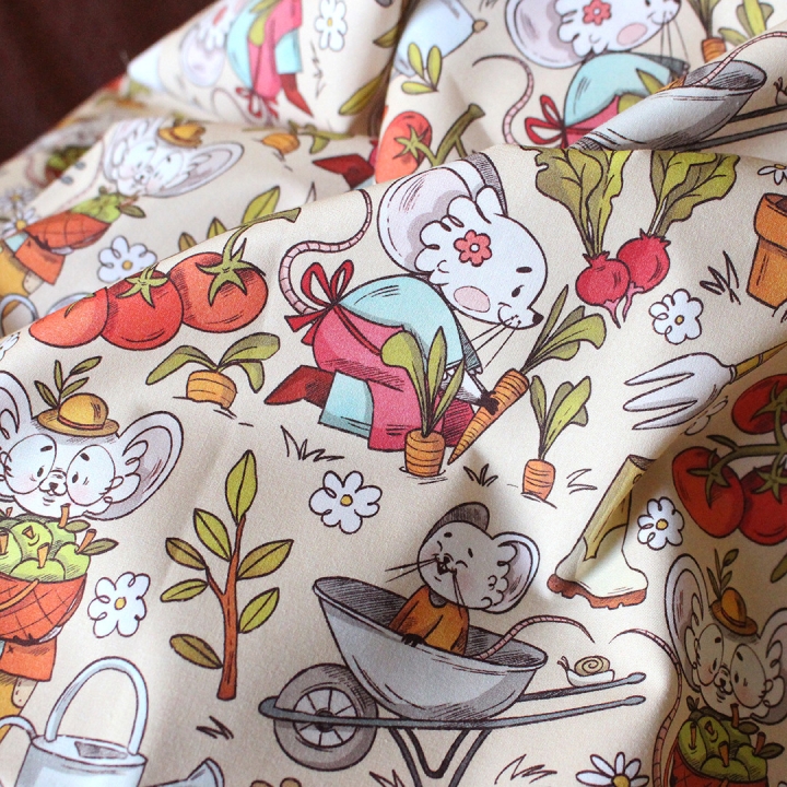 Tissu illustré "Souris potager" – popeline, velours & French terry – motif enfantin