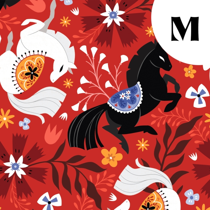 Tissu illustré "Cheval de feu" – popeline, velours & French terry – motif poétique, folklorique