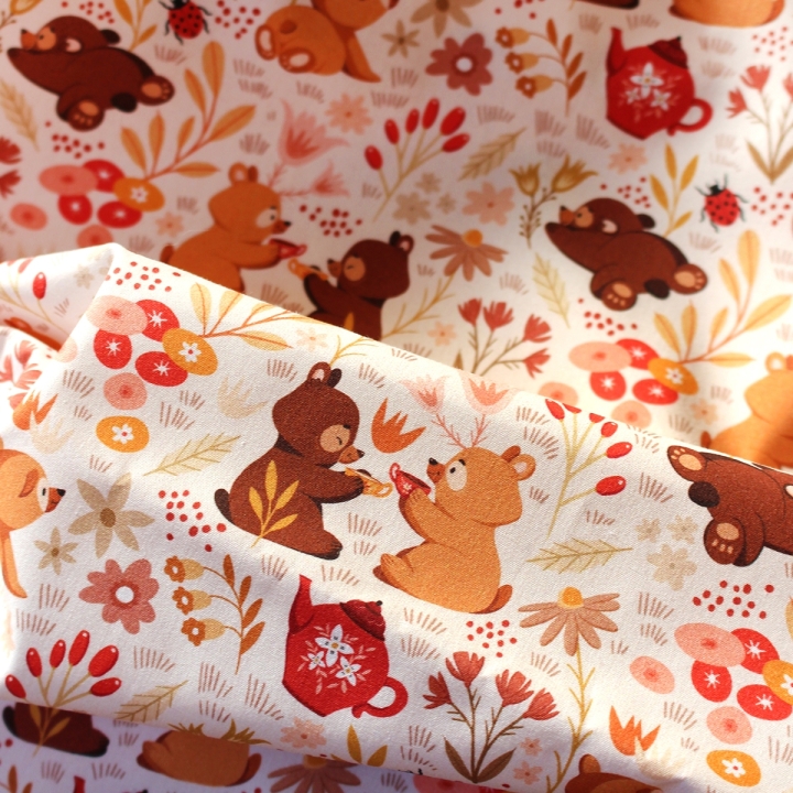 Coupon de tissu illustré "Oursons" 48x48 cm – Popeline & French Terry – motif enfantin