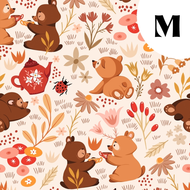 Coupon de tissu illustré "Oursons" 48x48 cm – Popeline & French Terry – motif enfantin