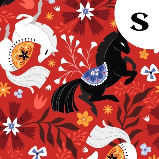 Coupon de tissu illustré "Cheval de feu" 48x48 cm – Popeline & French Terry – motif poétique, folklorique