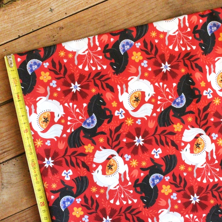 Coupon de tissu illustré "Cheval de feu" 48x48 cm