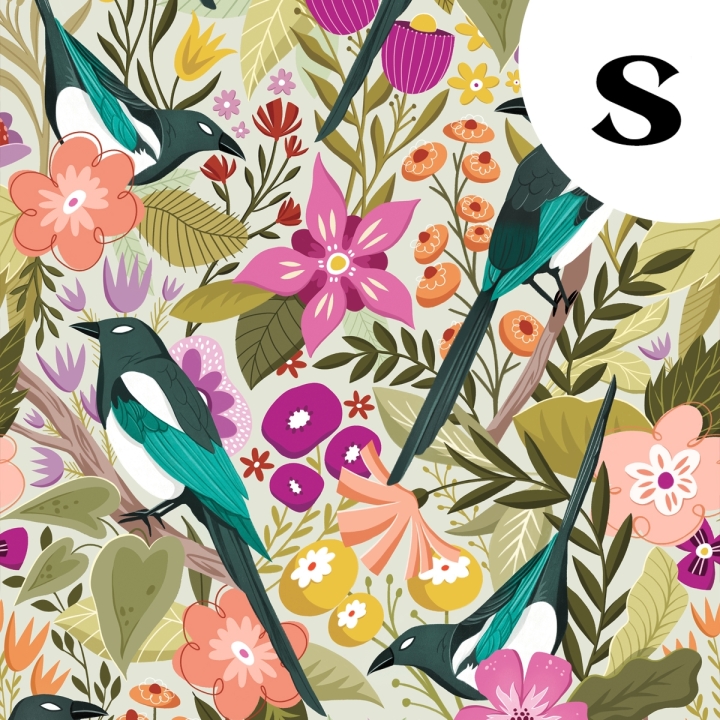 Tissu illustré "Les pies du printemps" – popeline, velours & French terry – motif printanier, coloré