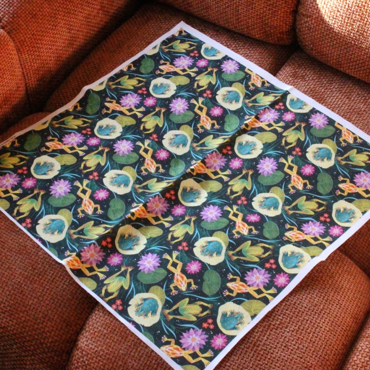 Coupon de tissu illustré "Grenouilles et nénuphars" 48x48 cm – Popeline & French Terry – motif printanier, coloré