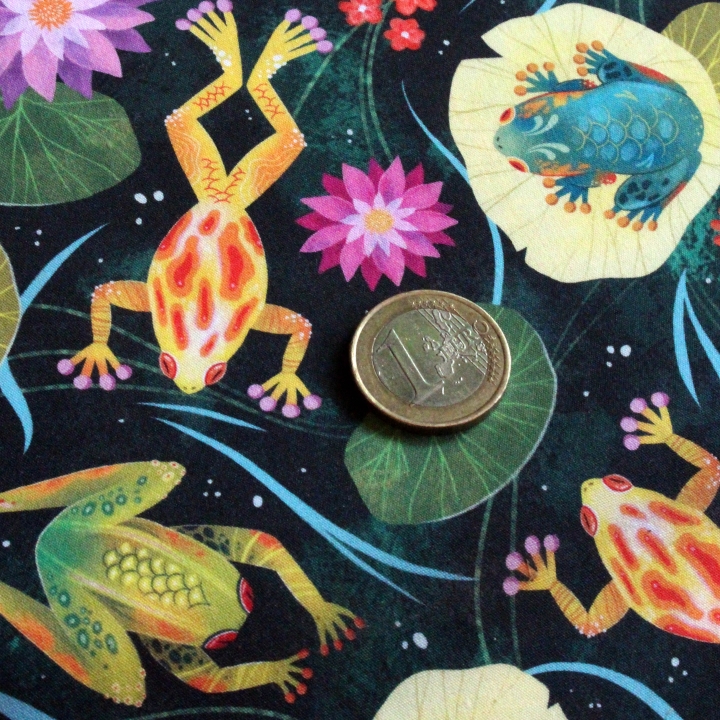 Tissu illustré "Grenouilles et nénuphars" – popeline, velours & French terry – motif printanier, coloré
