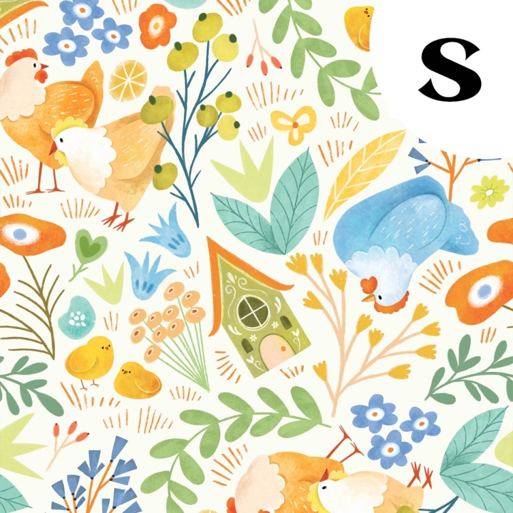 Coupon de tissu illustré "Poules Printanières" 48x48 cm