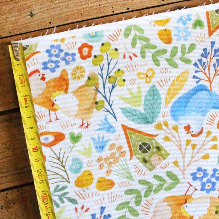 Coupon de tissu illustré "Poules Printanières" 48x48 cm